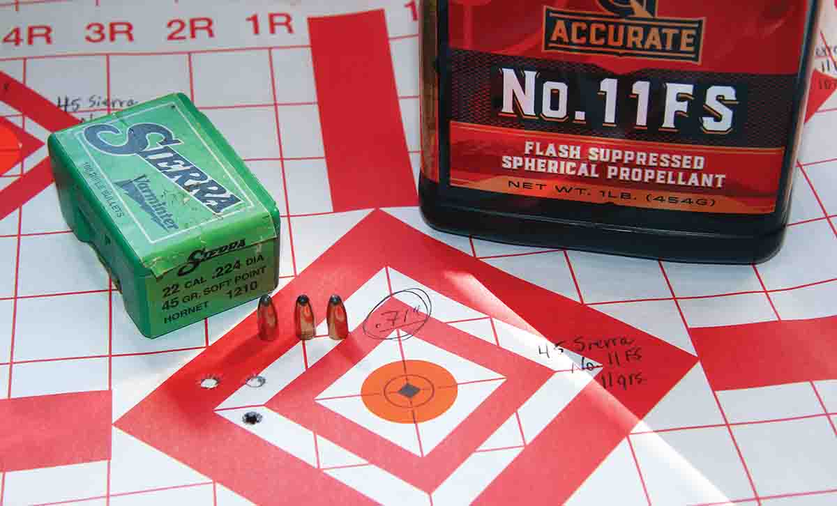 The best group from the pistol loads included Sierra’s 45-grain Varminter Hornet softpoint seated over 11 grains of Accurate No. 11FS. That group measured .71 inch with a velocity of 2,394 fps.